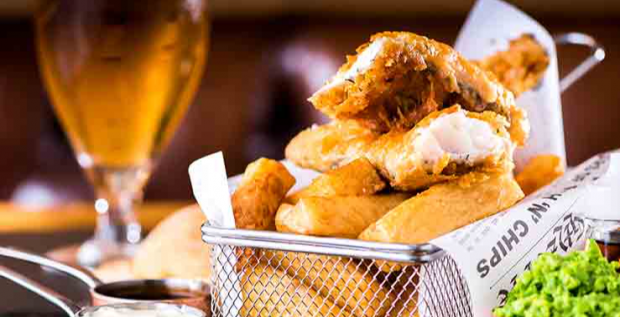 Traditional Fish & Chips And A Pint Or Glass Of Wine For One
