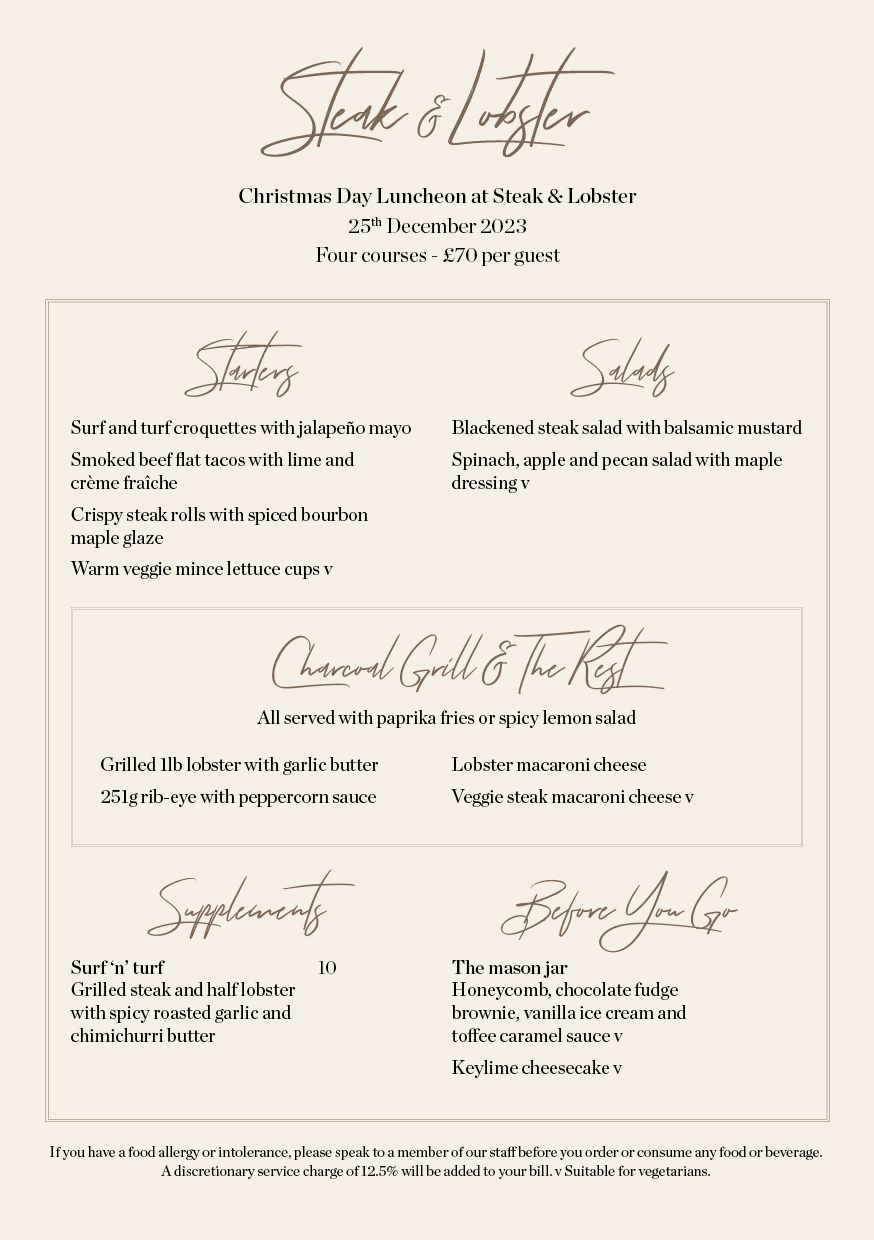 Christmas Day Luncheon at Steak & Lobster Heathrow Greater London