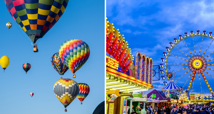 Colourful Hot Air Balloons Floating Through The Sky And A Ferris Wheel With Other Fairground Rides.