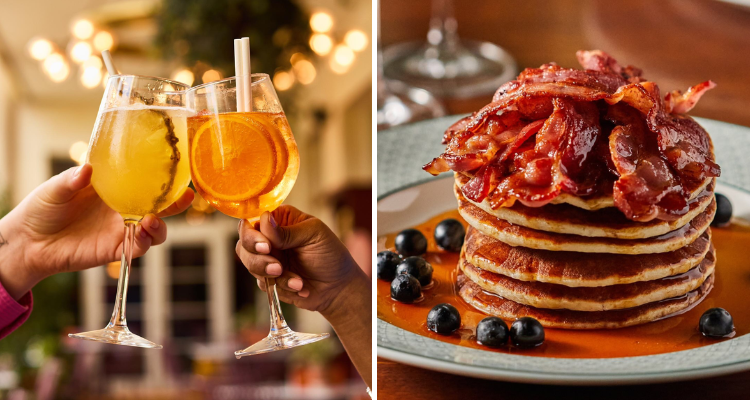 Collage of drinks and pancakes at Cosy Club Guildford.