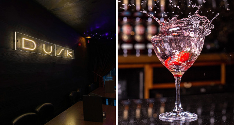 Collage of the bar area and a cocktail at Dusk Aberdeen.