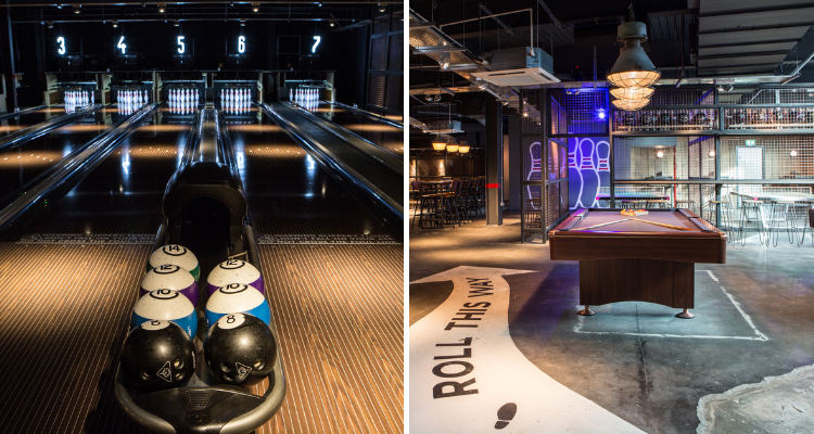 Collage of the bowling lanes and a pool table at Lane7 Aberdeen.