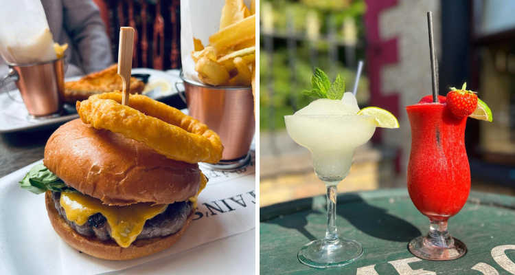 Collage of a burger and two cocktails at Palmerstown House Dublin.