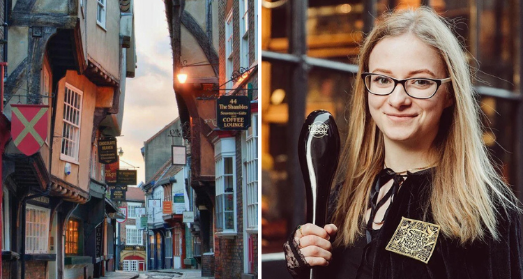 The Shambles in York and girl with broomstick.