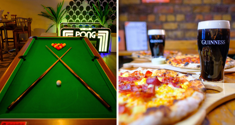 Collage of the pool tables and pizzas at The Back Page Dublin.