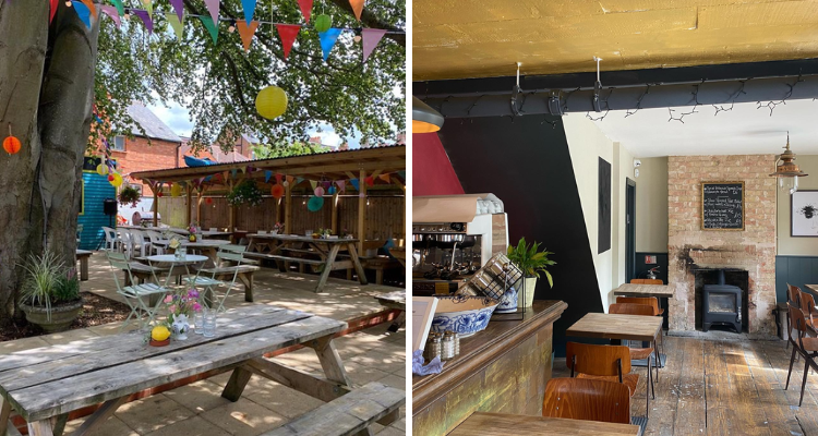 Collage of the beer garden and the bar at The Chester Arms Oxford.