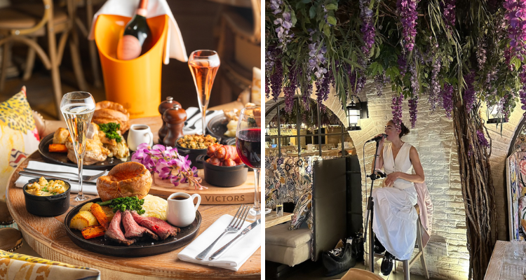 Collage of a roast dinner and a live singer at Victors Oxford.