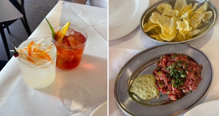 Drinks and steak tartare at Belly. 