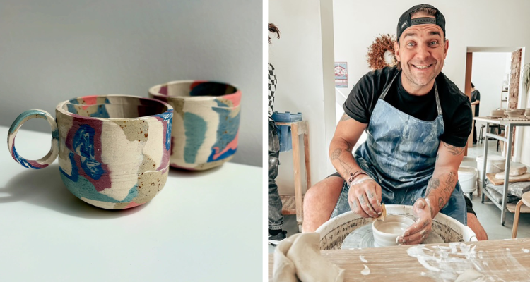 Collage of two mugs and a pottery class at Clay Studio Manchester.