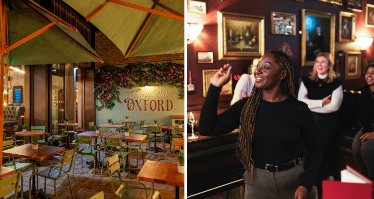 Collage of the roof terrace and someone playing darts at Flight Club Oxford.