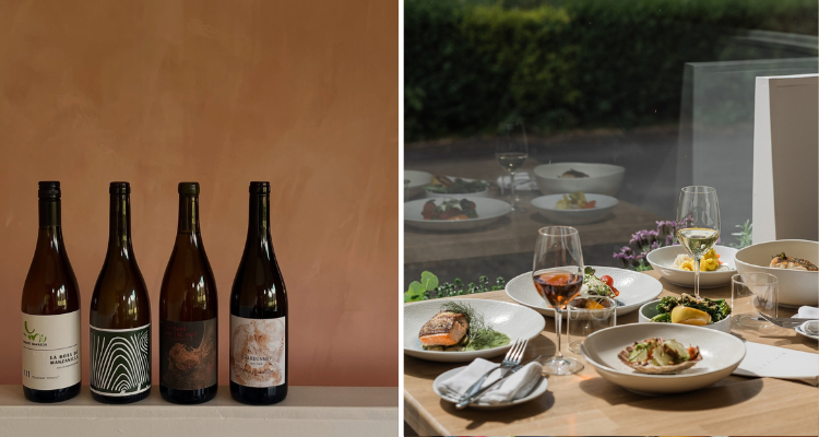 Bottles of wine and a lay out of food by the window at LeftField.