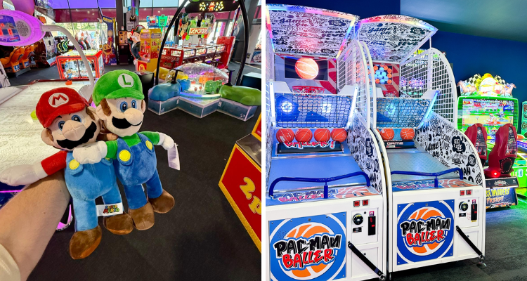 Collage of arcade games and prizes at Hollywood Bowl Glasgow.