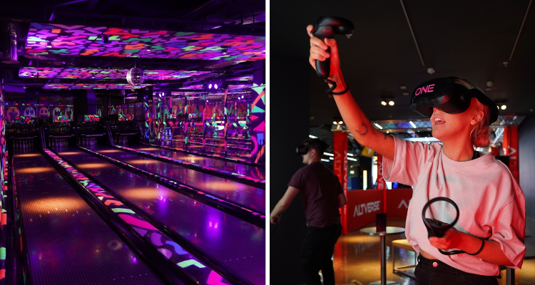 Collage of the bowling lanes and the VR arcade at Level X Glasgow.