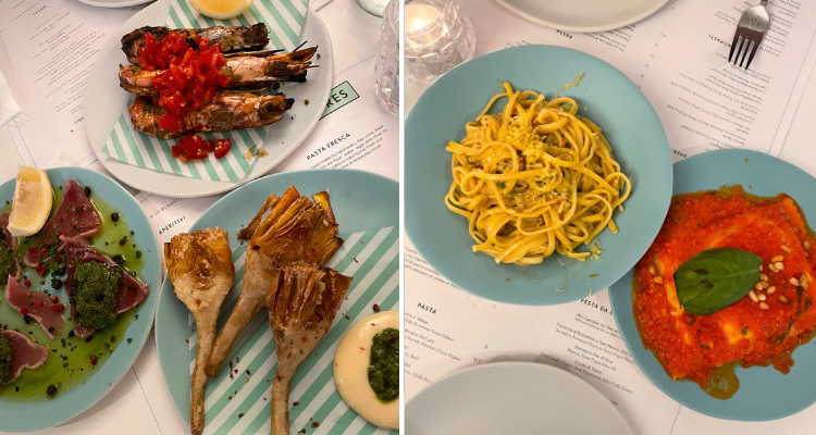 Starters and mains at Lina Stores in Canary Wharf.