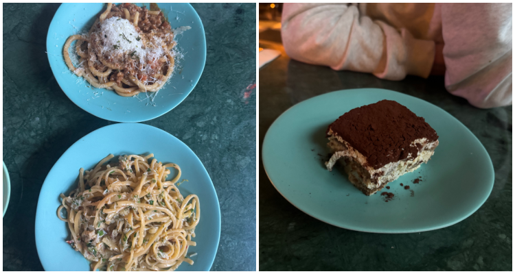 Side plate-sized portions of crab pasta and sausage ragu pasta from the Lina Stores Manchester menu, alongside a slice of tiramisu.