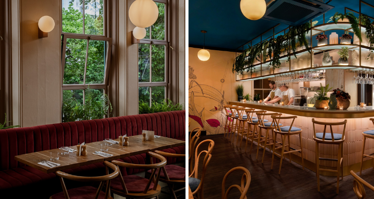 Interiors at Mallow Borough Market, with red seating and a leafy bar area.