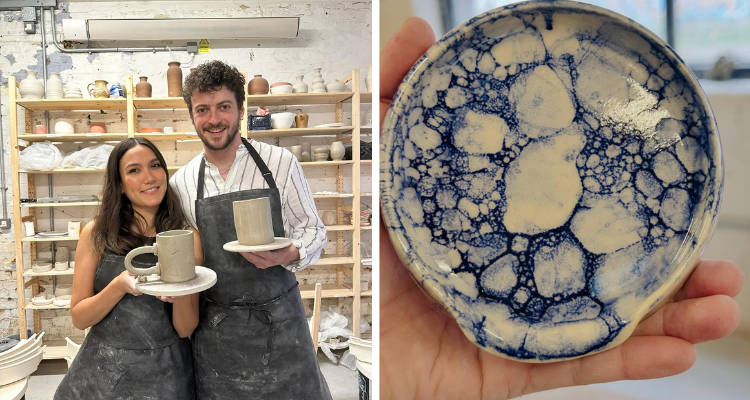 Collage of two people holding their creations and a painted clay dish at New Dawn Manchester.