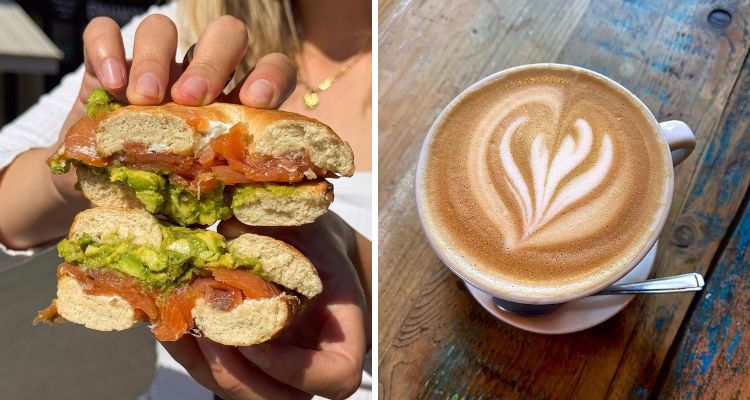 Collage of a bagel and a coffee at Reyes Clapham.