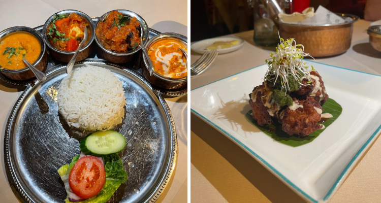 Selection of four curries and onion bhaji at The Curry Room.