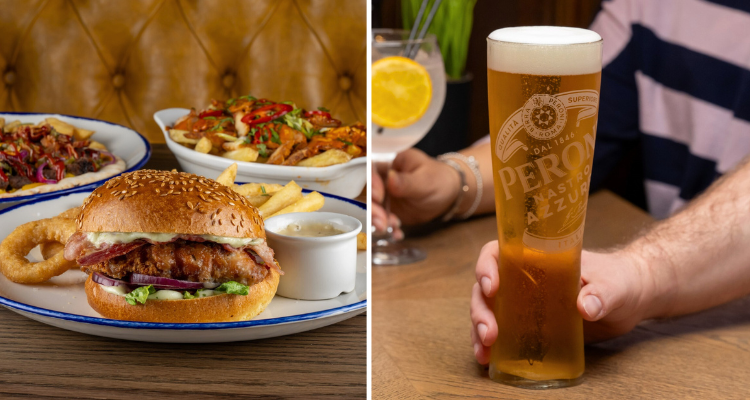 Chicken burger and pint of beer at The Spinney Hill bottomless brunch.