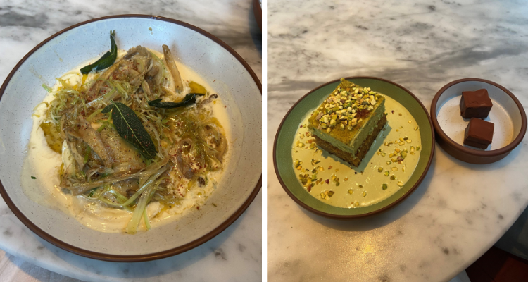 Collage of ravioli and two desserts at Mallow London.