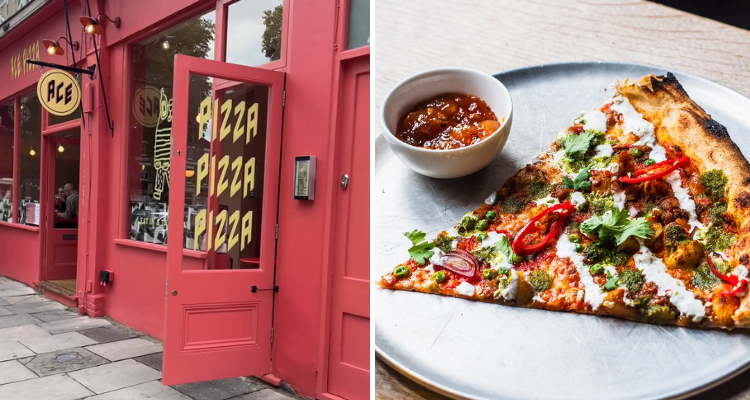 The exterior of ACE Pizza and a slice from their menu.