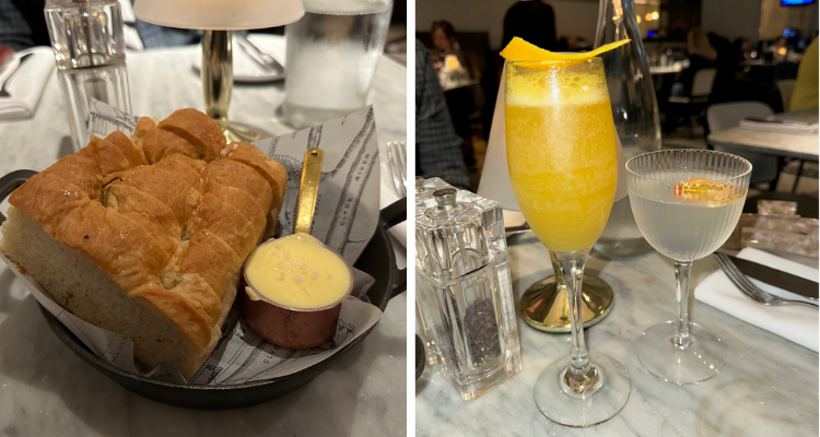 Two cocktails and a bread basket at Alston Bar & Beef Glasgow.