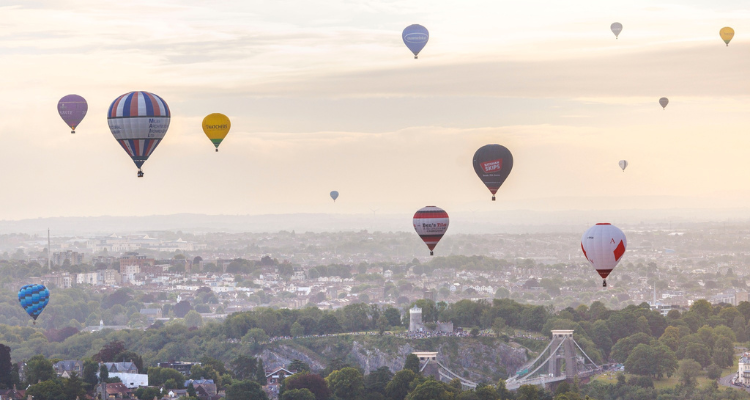 Hot Air Balloons Flying Over Bristol At The Bristol International Balloon Fiesta.