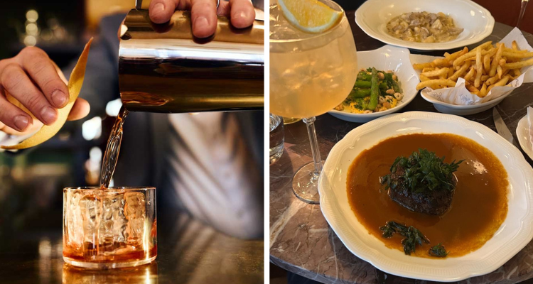 A collage of a bartender pouring a cocktail next to a shot of our French feast; cheese pasta and steak.