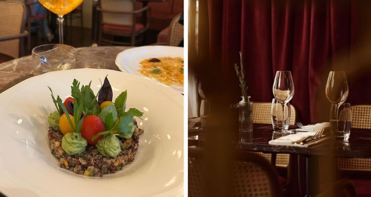 A collage of a green garden of vegetables on top of quinoa next to sultry deep red interiors.