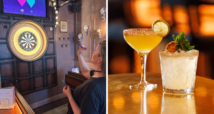A collage picturing a duo of tropical-coloured cocktails next to a shot of me, the reviewer, playing darts.