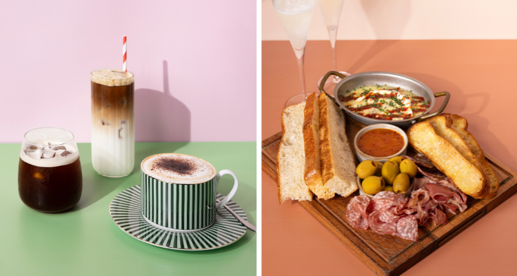 Collage of drinks and a brunch dish at Delphine Glasgow.