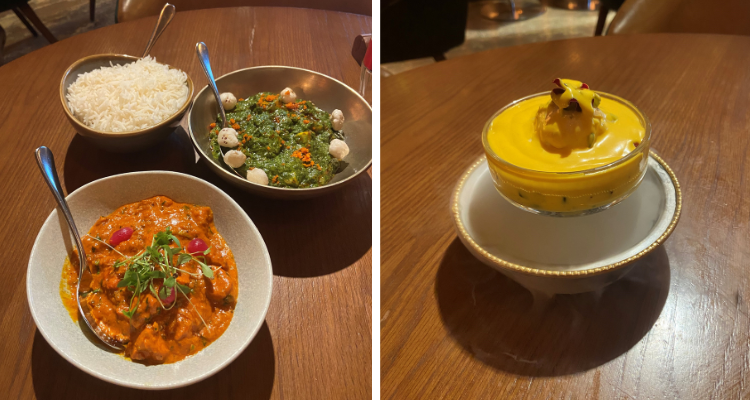 Curries and a mango dessert at Farzi London.