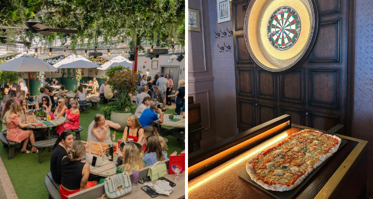 A collage of Flight Club Cardiff's bustling roof garden next to a picture of a ginormous paddle of pizza by a dartboard.