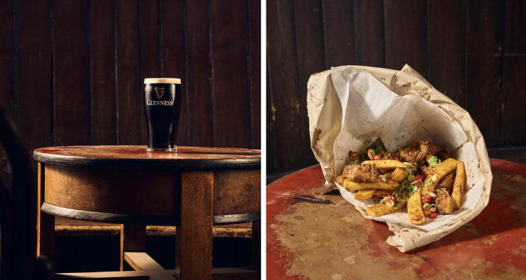 Collage of a pint of Guinness and a spice bag at Molly Mc's London.