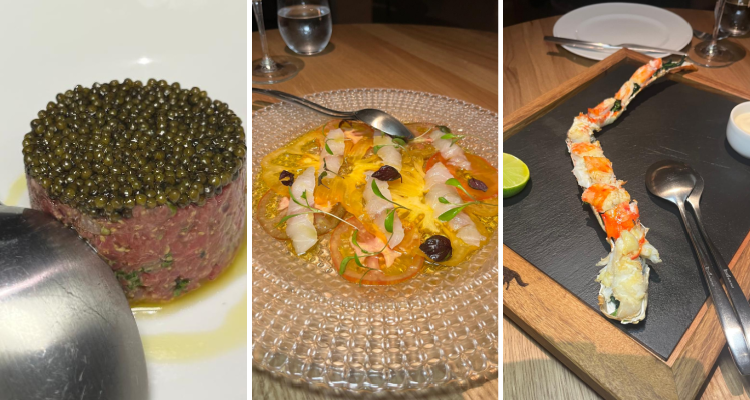 Food at Mr Porter in Mayfair, including beef tartare with caviar, tomato and seabass carpaccio, and king crab leg.