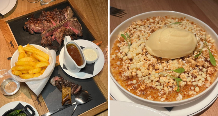 Food at Mr Porter, including steaks, chips and creme brulee dessert.