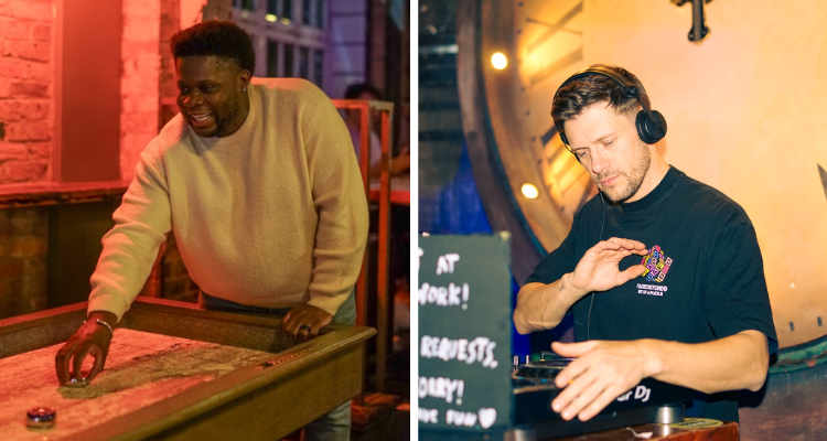 Collage of someone playing shuffleboard and a DJ at North Laine Brewhouse.