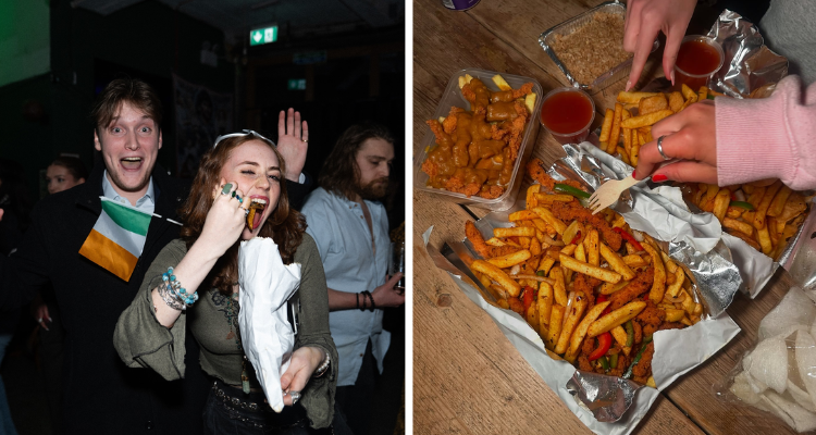 Collage of people eating chips and a spice bag at Paddy Wok London.