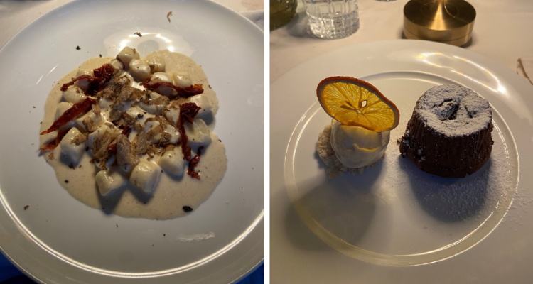 Gnocchi and the chocolate fondant dessert at Paper Moon.
