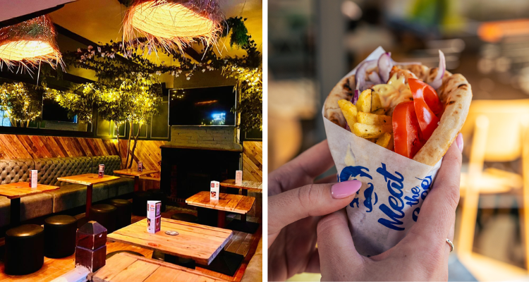 Collage of Pews Bar and a pitta wrap from Meat the Greek.