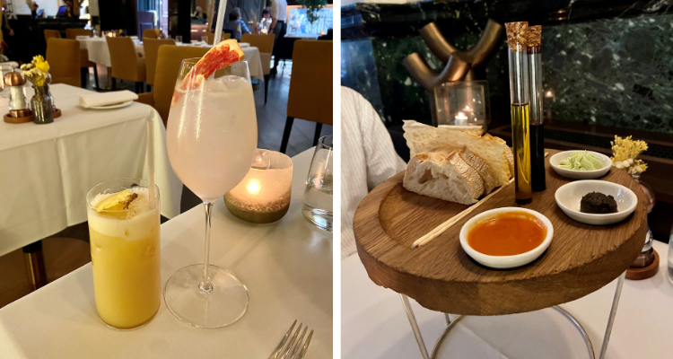 Cocktails and a bread basket at Piazza Italiana London.