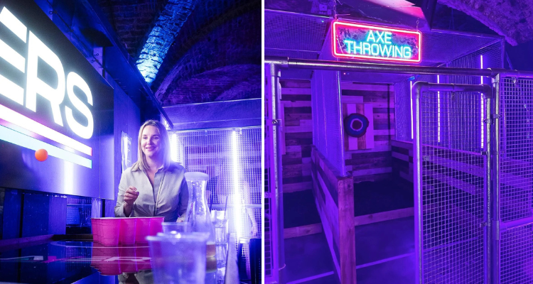 People playing beer pong and axe throwing at Players Brighton.