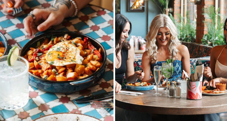 Revolución de Cuba Harrogate eggs for breakfast and group of friends enjoying brunch.