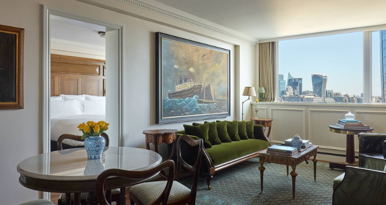 Living space interiors in the Edwardian Cabin Suite at Sea Containers London.
