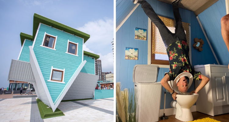 Collage of the exterior of The Upside Down House and one of the rooms.