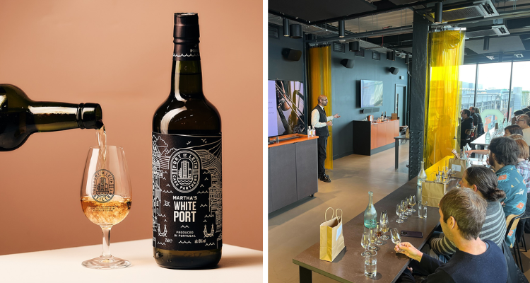Collage of a whisky bottle and the tasting tour at The Port of Leith Distillery.