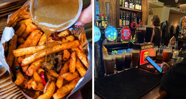 Collage of a spice bags and pints of Guinness at The Raglan London.