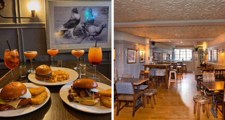Collage of burgers and the dining area at Three Pigeons Guildford.