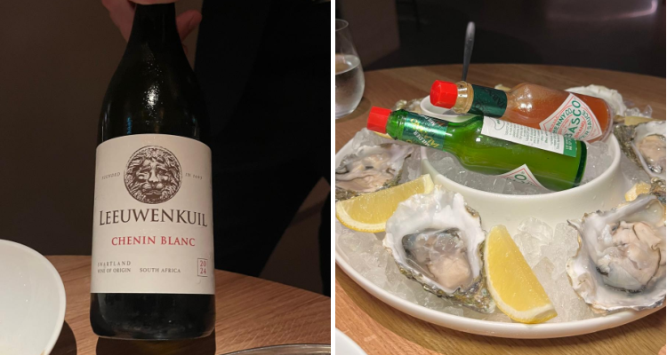 At Mr Porter in Mayfair, a bottle of chenin blanc and platter of oysters.